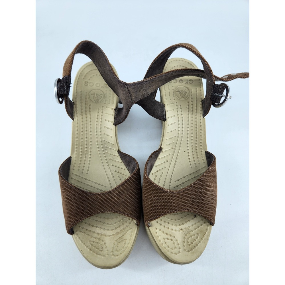 Crocs Hanalei Wedge Sandals Womens 7 Brown Canvas Ankle Strap Platform Peep Toe - Picture 4 of 12